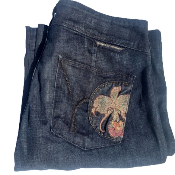 Jeans Wide Leg Dark Wash Low Waist Birkin Stretch Embroidered COH 28 - Picture 2 of 16